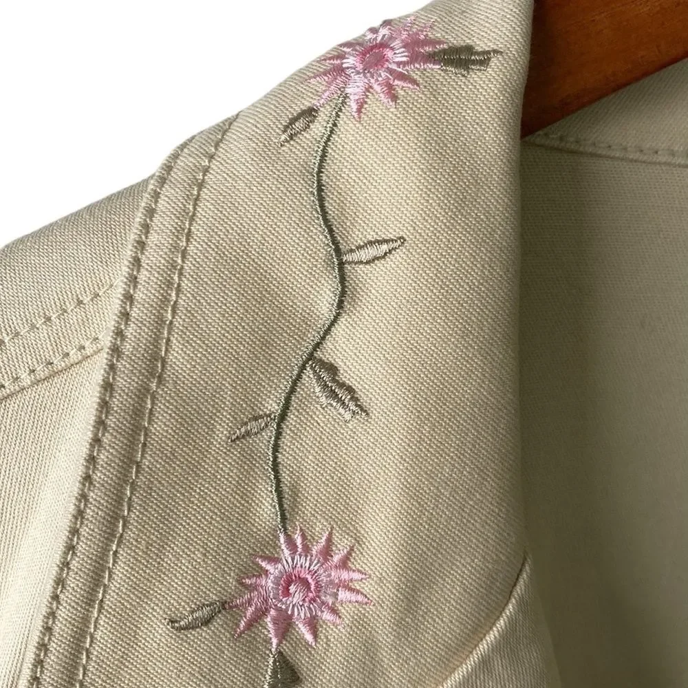 Denim&Co Floral Embroidered Jacket Blazer in Khaki Patch Pockets Stretch Denim